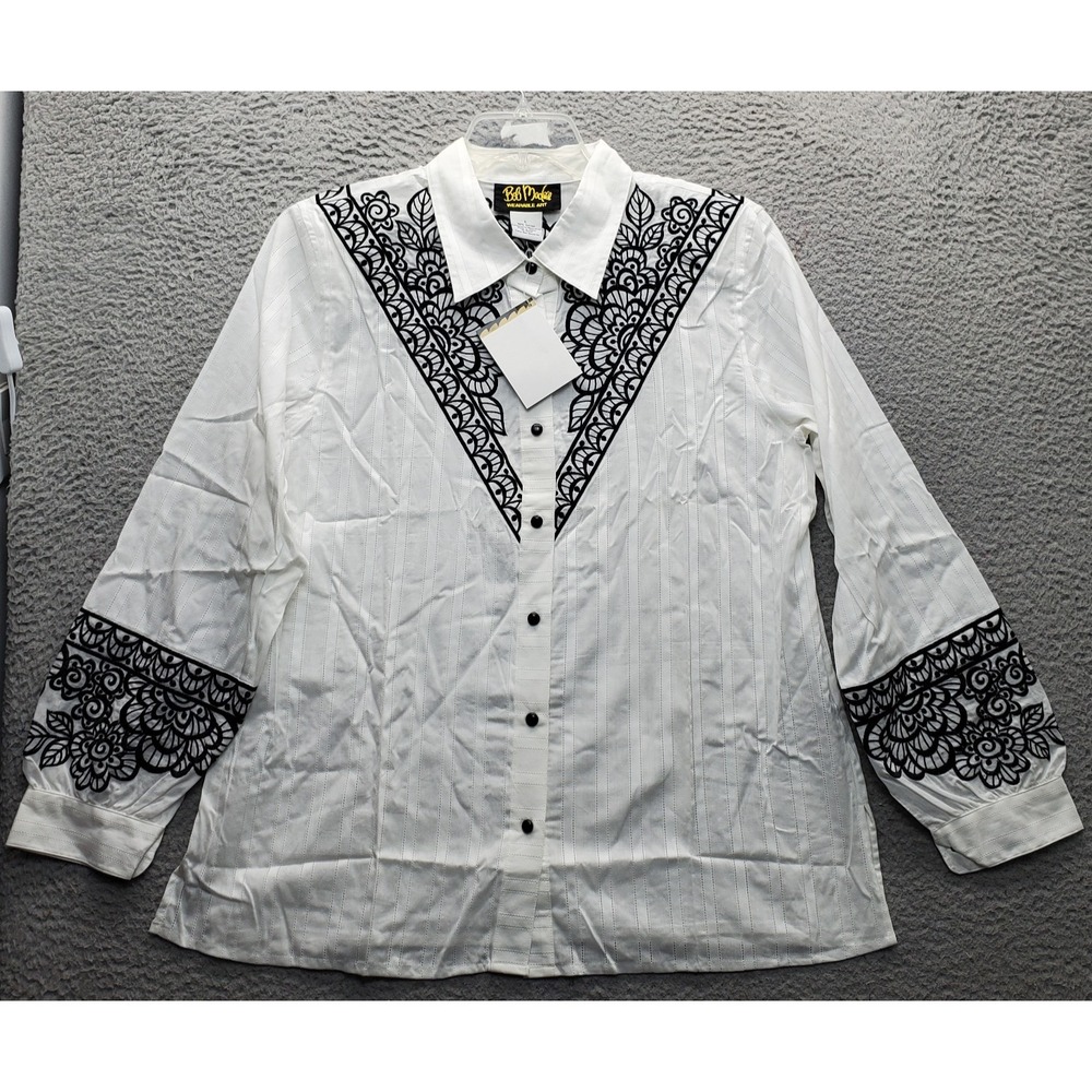 Bob Mackie Wearable Art Shirt Womens L Multi Lace Detail Shoulder Pads Button Up